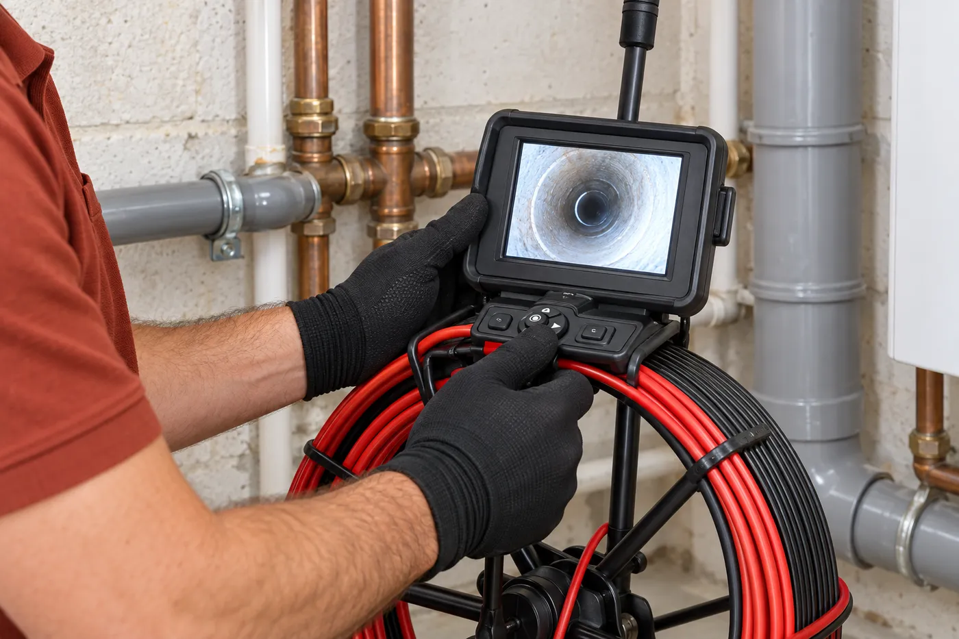 Écran de caméra d'inspection montrant l'intérieur d'une canalisation, enrouleur de câble à côté